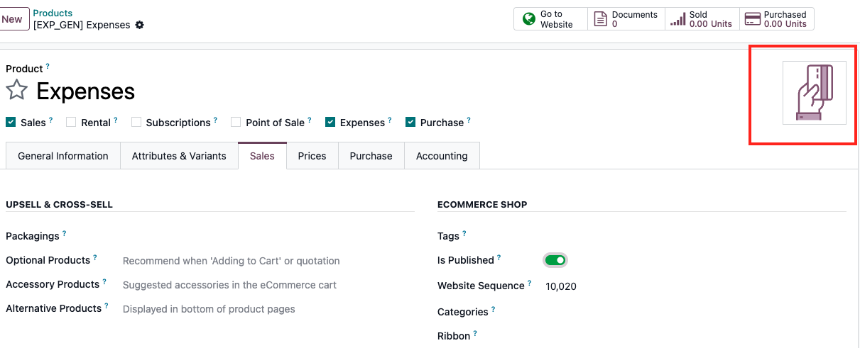 Odoo 19 product form showing the image widget with the product photo, upload and clear controls visible on hover.